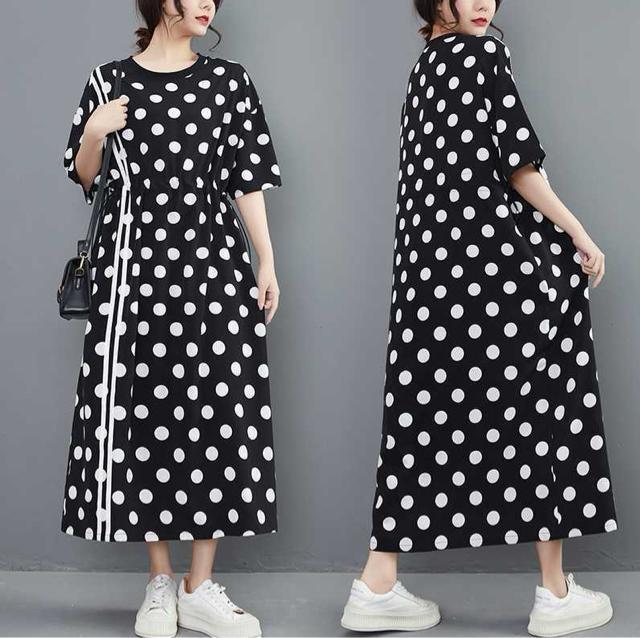 ロング丈 ドット柄ワンピース 2本ライン付き ウエスト調整ゴム ブラック 大きいサイズ < 女性ファッション ロング丈 ドット柄ワンピース 2本ライン付き ウエスト調整ゴム ブラック 大きいサイズ < 女性ファッションの