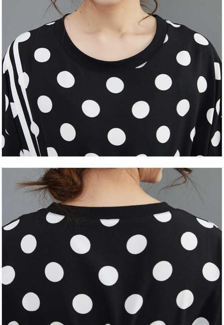 ロング丈 ドット柄ワンピース 2本ライン付き ウエスト調整ゴム ブラック 大きいサイズ < 女性ファッション ロング丈 ドット柄ワンピース 2本ライン付き ウエスト調整ゴム ブラック 大きいサイズ < 女性ファッションの