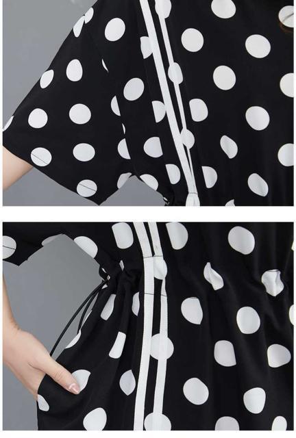 ロング丈 ドット柄ワンピース 2本ライン付き ウエスト調整ゴム ブラック 大きいサイズ < 女性ファッション ロング丈 ドット柄ワンピース 2本ライン付き ウエスト調整ゴム ブラック 大きいサイズ < 女性ファッションの