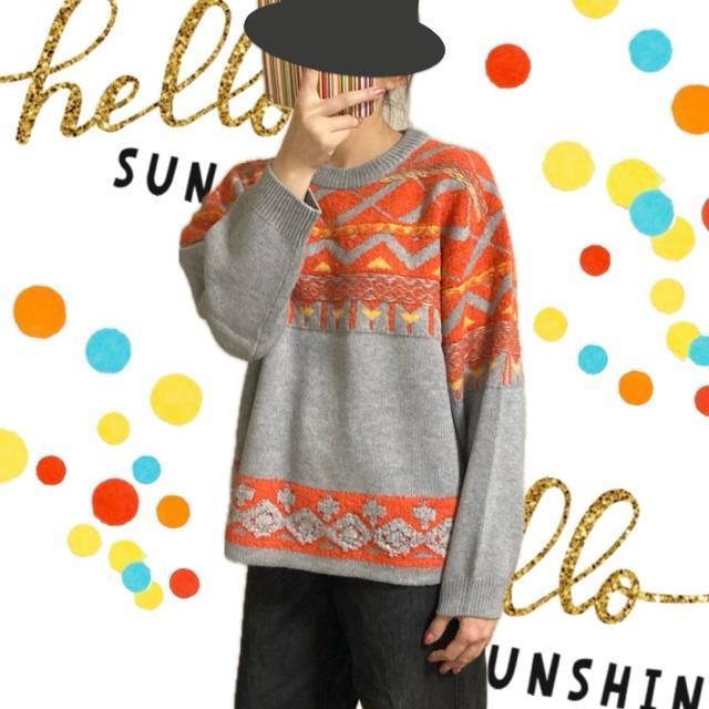 派手柄セーター◎ゆったり厚手ニット◎グレーオレンジ(L)新品 < ブランド 派手柄セーター◎ゆったり厚手ニット◎グレーオレンジ(L)新品 < ブランドの