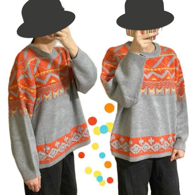 派手柄セーター◎ゆったり厚手ニット◎グレーオレンジ(L)新品 < ブランド 派手柄セーター◎ゆったり厚手ニット◎グレーオレンジ(L)新品 < ブランドの