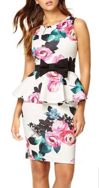 ローズフラワーリボンペプラムドレスワンピースパーティー白黒花 < 女性ファッション  ローズフラワーリボンペプラムドレスワンピースパーティー白黒花 < 女性ファッションの