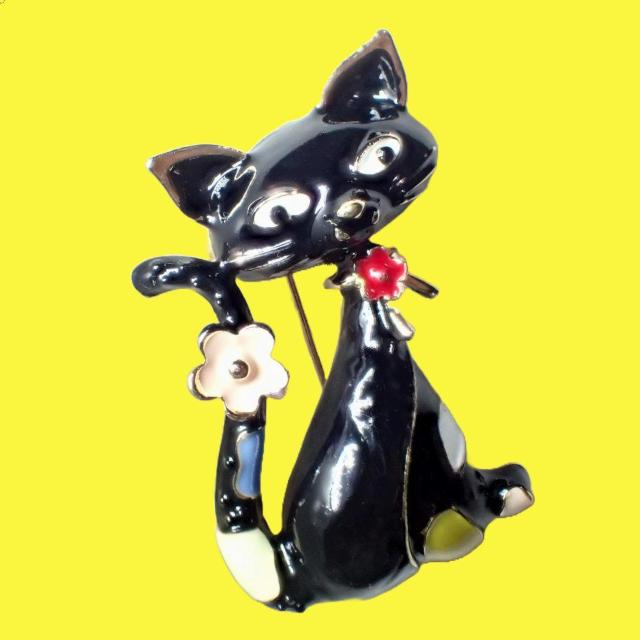 花 猫 黒猫 ネコ クロネコ ピンブローチ ブローチ ピンバッジ バッジ ラペルピン < 女性アクセサリー/時計  花 猫 黒猫 ネコ クロネコ ピンブローチ ブローチ ピンバッジ バッジ ラペルピン < 女性アクセサリー/時計の