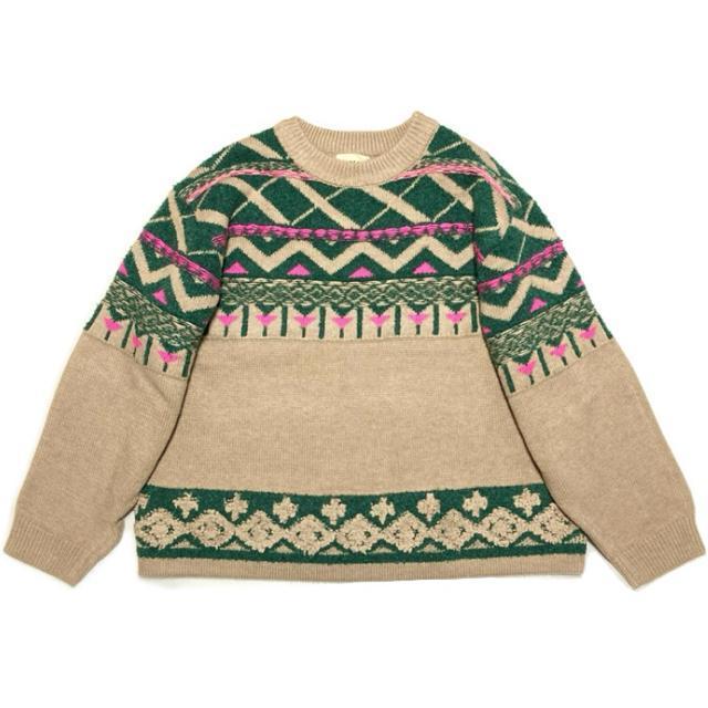 派手柄セーター◎ゆったり厚手ニット◎ベージュグリーン(L)新品 < ブランド 派手柄セーター◎ゆったり厚手ニット◎ベージュグリーン(L)新品 < ブランドの