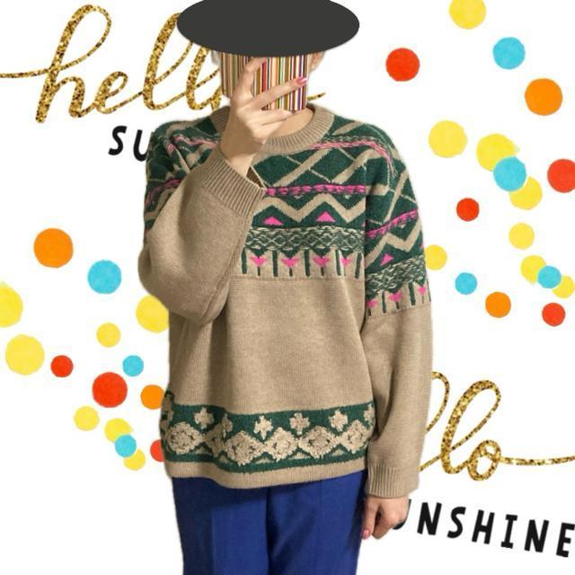 派手柄セーター◎ゆったり厚手ニット◎ベージュグリーン(L)新品 < ブランド 派手柄セーター◎ゆったり厚手ニット◎ベージュグリーン(L)新品 < ブランドの