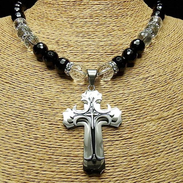 欧風クロスステンレス十字架オニキス水晶12mm天然石ネックレスゴージャスメンズ < 男性アクセサリー/時計  欧風クロスステンレス十字架オニキス水晶12mm天然石ネックレスゴージャスメンズ < 男性アクセサリー/時計の