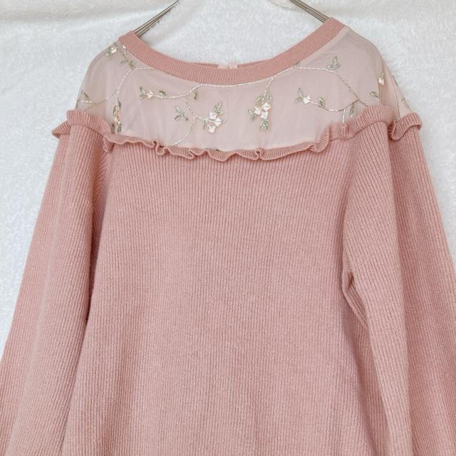 ラグラン 花柄 刺繍 長袖 リブニット トップス カットソー M N2m < 女性ファッション  ラグラン 花柄 刺繍 長袖 リブニット トップス カットソー M N2m < 女性ファッションの