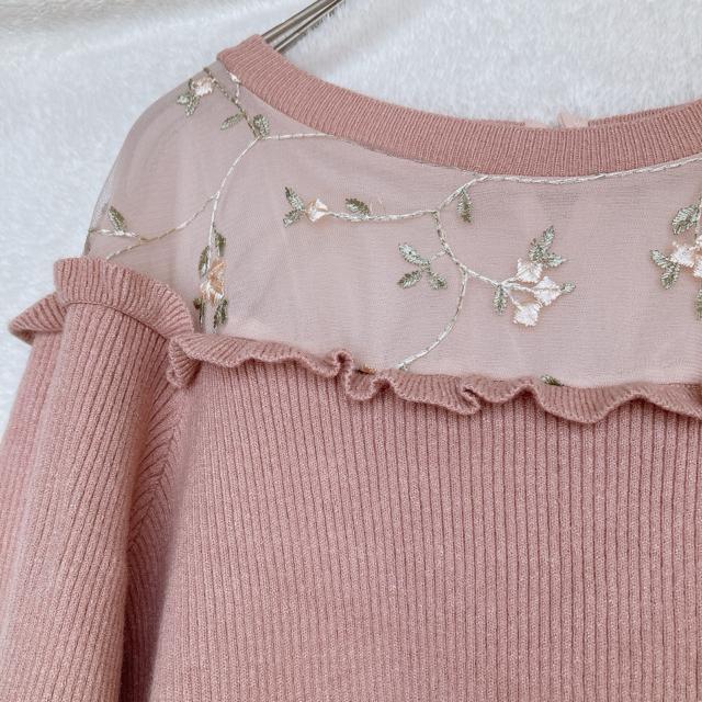 ラグラン 花柄 刺繍 長袖 リブニット トップス カットソー M N2m < 女性ファッション  ラグラン 花柄 刺繍 長袖 リブニット トップス カットソー M N2m < 女性ファッションの