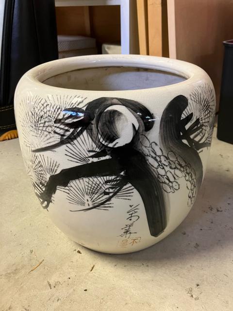 焼物 灰付 火バチ 陶器製 水墨画 墨 火鉢 睡蓮鉢 金魚鉢 メダカ鉢 銘有り < ホビー  焼物 灰付 火バチ 陶器製 水墨画 墨 火鉢 睡蓮鉢 金魚鉢 メダカ鉢 銘有り  < ホビーの