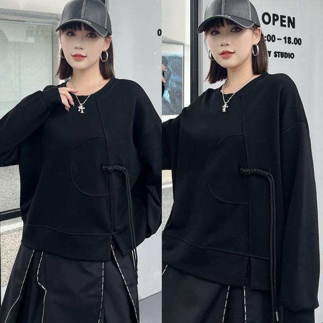 トレーナー 飾り紐付き トップス ブラック 大きいサイズ < 女性ファッション  トレーナー 飾り紐付き トップス ブラック 大きいサイズ  < 女性ファッションの