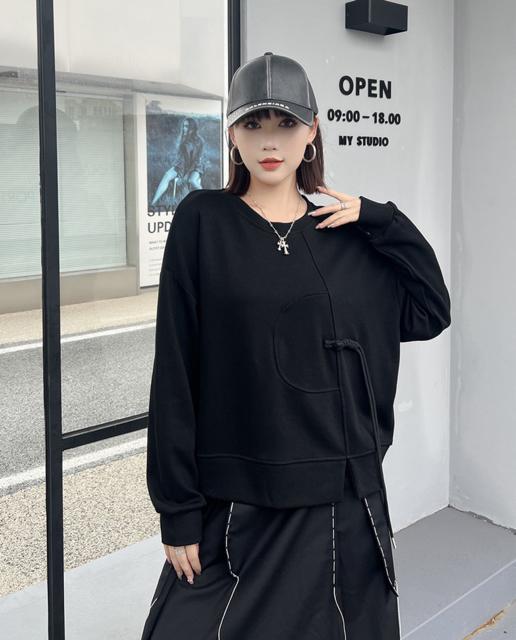 トレーナー 飾り紐付き トップス ブラック 大きいサイズ < 女性ファッション  トレーナー 飾り紐付き トップス ブラック 大きいサイズ < 女性ファッションの