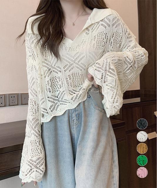 送料無料 新品 透かし編み ニットトップス ベルスリーブ < 女性ファッション  送料無料 新品 透かし編み ニットトップス ベルスリーブ  < 女性ファッションの