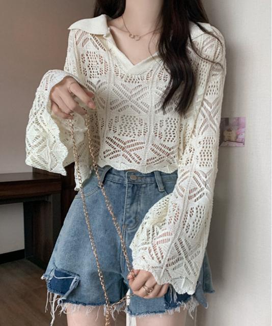 送料無料 新品 透かし編み ニットトップス ベルスリーブ < 女性ファッション  送料無料 新品 透かし編み ニットトップス ベルスリーブ < 女性ファッションの