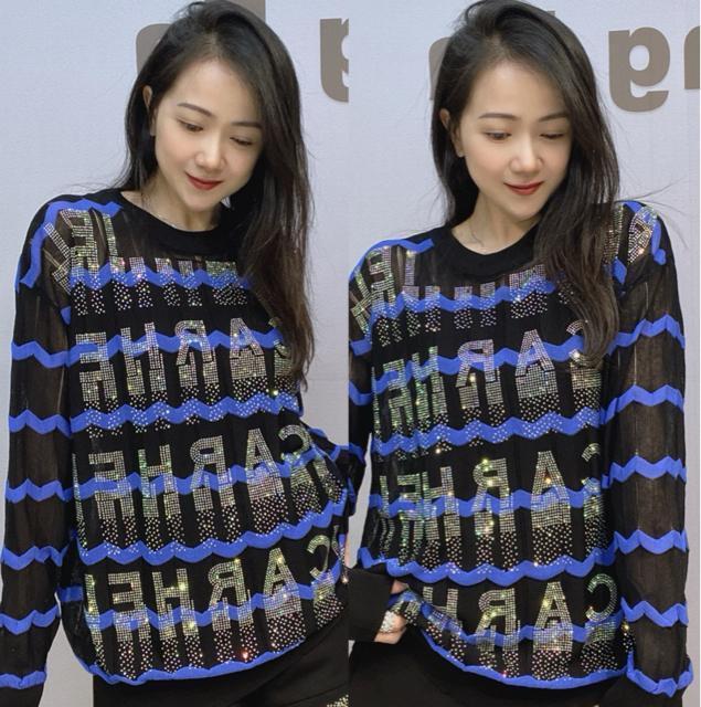 キラキララインストーン付き ボーダー模様 薄手ニット ネイビー&ブラック 大きいサイズ < 女性ファッション キラキララインストーン付き ボーダー模様 薄手ニット ネイビー&ブラック 大きいサイズ < 女性ファッションの