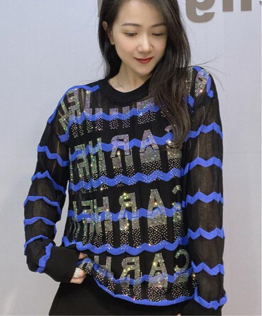 キラキララインストーン付き ボーダー模様 薄手ニット ネイビー&ブラック 大きいサイズ < 女性ファッション キラキララインストーン付き ボーダー模様 薄手ニット ネイビー&ブラック 大きいサイズ < 女性ファッションの