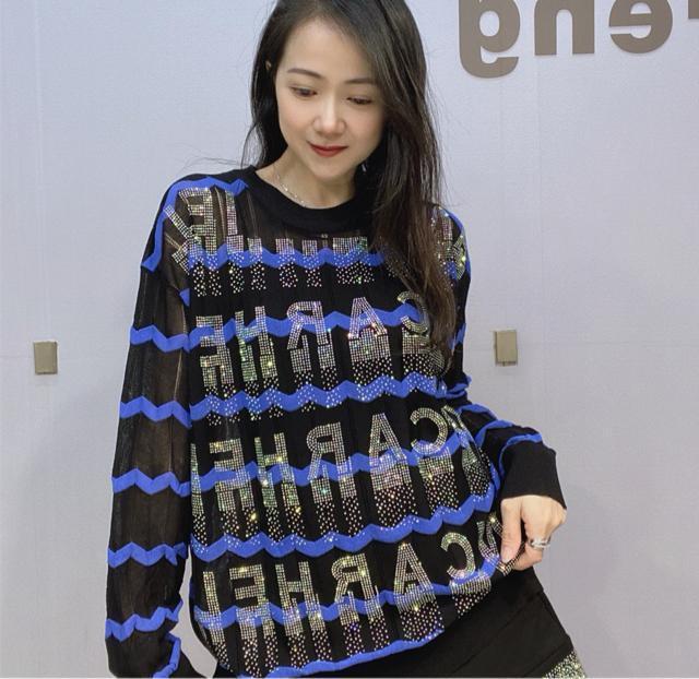 キラキララインストーン付き ボーダー模様 薄手ニット ネイビー&ブラック 大きいサイズ < 女性ファッション キラキララインストーン付き ボーダー模様 薄手ニット ネイビー&ブラック 大きいサイズ < 女性ファッションの