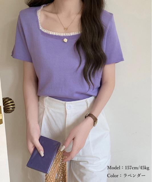 送料無料 新品 スクエアネック サマーニット トップス < 女性ファッション  送料無料 新品 スクエアネック サマーニット トップス < 女性ファッションの