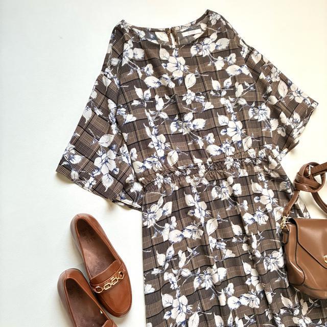 ◆美品◆ブージュルード◆花柄マキシワンピース◆五分袖◆フレア◆ブラウン茶◆M < ブランド  ◆美品◆ブージュルード◆花柄マキシワンピース◆五分袖◆フレア◆ブラウン茶◆M < ブランドの