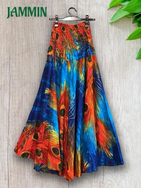 孔雀羽根柄フレアスカート ロングスカート アジアン ヒッピー エスニック < 女性ファッション  孔雀羽根柄フレアスカート ロングスカート アジアン ヒッピー エスニック < 女性ファッションの