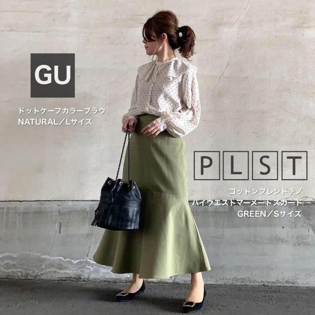 ◆GU/ジーユー◆ドットケープカラーブラウス長袖★ベージュ×ドットM*大人気アイテム♪ < ブランド  ◆GU/ジーユー◆ドットケープカラーブラウス長袖★ベージュ×ドットM*大人気アイテム♪  < ブランドの