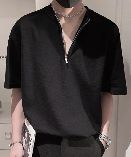 ハーフジップスタンドカラーTシャツ【新品未使用】F フリー●黒 ブラック●韓国ファッション●ハーフジップ < 男性ファッション  ハーフジップスタンドカラーTシャツ【新品未使用】F フリー●黒 ブラック●韓国ファッション●ハーフジップ < 男性ファッションの
