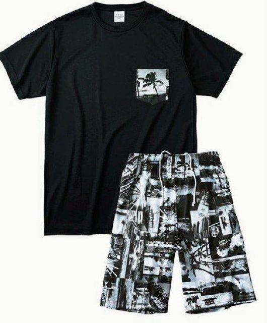 4Lサイズ!フォト柄!黒系色合い!吸汗速乾!半袖Tシャツandハーフパンツ!の2点セット!新品!大きいサイズ! < 男性ファッション  4Lサイズ!フォト柄!黒系色合い!吸汗速乾!半袖Tシャツandハーフパンツ!の2点セット!新品!大きいサイズ! < 男性ファッションの