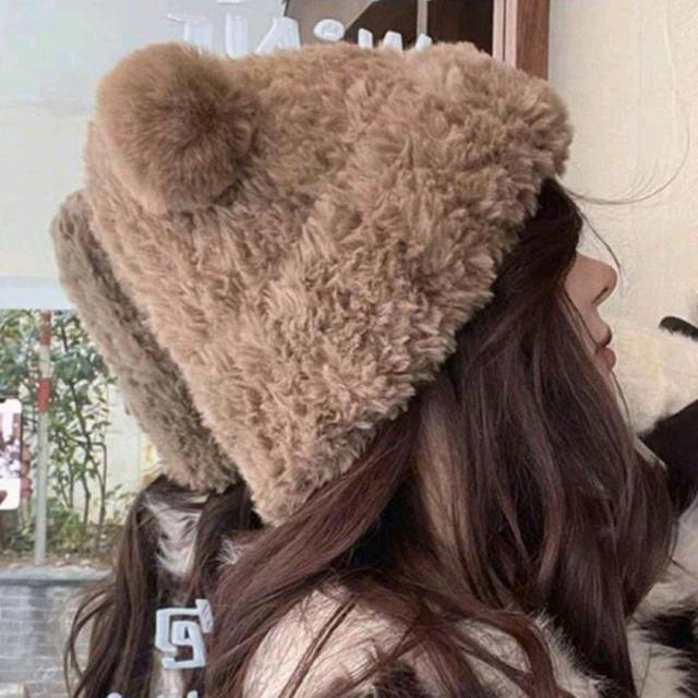 新品★ふわふわモコモコ可愛いボンボン耳付ニット帽/ブラウン < 女性ファッション  新品★ふわふわモコモコ可愛いボンボン耳付ニット帽/ブラウン < 女性ファッションの