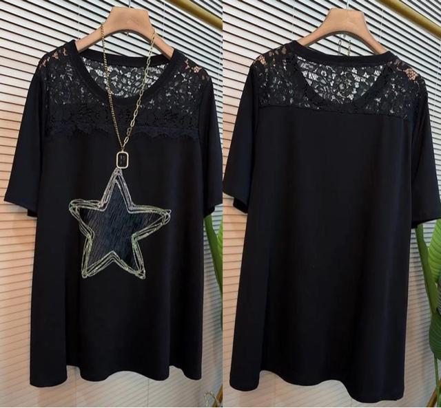 ラインストーン付き 星柄 レース切り替え tシャツ  大きいサイズ < 女性ファッション  ラインストーン付き 星柄 レース切り替え tシャツ  大きいサイズ  < 女性ファッションの