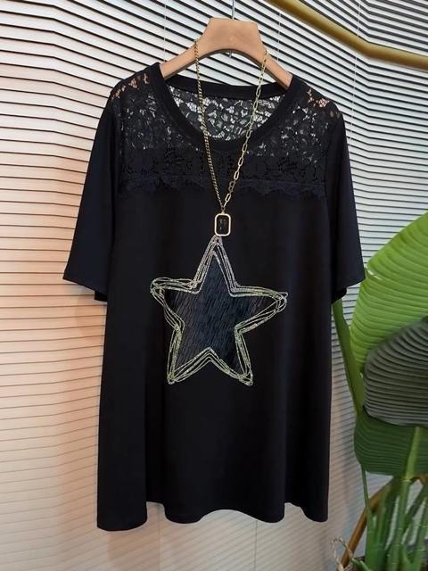 ラインストーン付き 星柄 レース切り替え tシャツ  大きいサイズ < 女性ファッション  ラインストーン付き 星柄 レース切り替え tシャツ  大きいサイズ < 女性ファッションの