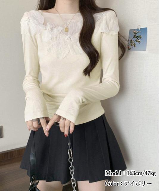 送料無料 新品 花柄装飾 長袖 リブトップス 韓国風 < 女性ファッション  送料無料 新品 花柄装飾 長袖 リブトップス 韓国風 < 女性ファッションの