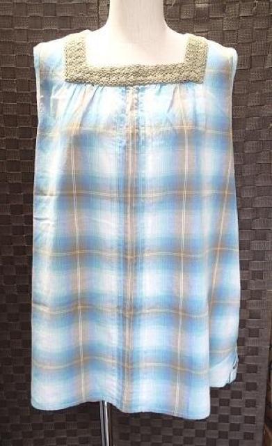 ◆Belle HABILLER ベルハビラー/綿100% フロントレース&プリーツ加工入 チェック柄 ノーリーズトップス/ブルー系 < 女性ファッション  ◆Belle HABILLER ベルハビラー/綿100% フロントレース&プリーツ加工入 チェック柄 ノーリーズトップス/ブルー系  < 女性ファッションの