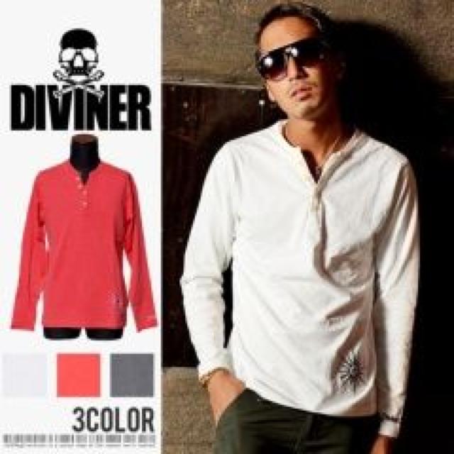 【DIVINER】《New》フェイクレイヤード★ヘンリーネック*ロゴ刺繍・ロンTee<レッドL> < 男性ファッション  【DIVINER】《New》フェイクレイヤード★ヘンリーネック*ロゴ刺繍・ロンTee<レッドL>  < 男性ファッションの