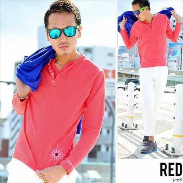 【DIVINER】《New》フェイクレイヤード★ヘンリーネック*ロゴ刺繍・ロンTee<レッドL> < 男性ファッション  【DIVINER】《New》フェイクレイヤード★ヘンリーネック*ロゴ刺繍・ロンTee<レッドL> < 男性ファッションの