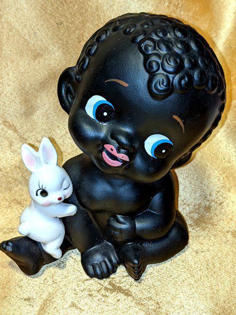 中国奥地ヴィンテージ 少年と兎 手描き 陶器製 置物 中国奥地