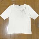 【美品】リボンモチーフ丸首5分袖Tシャツ/白/L/コットン60%