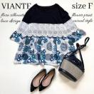 ◆美品◆サザン◆レース使い花柄七分袖切替カットソー◆五分袖◆フリー◆黒×青