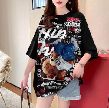 ゆったり ロングtシャツ  クマ柄 ブラック 大きいサイズ