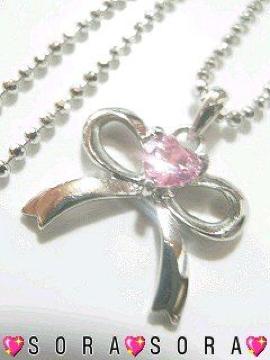 【一粒ハート&リボン】キュービックジルコニアネックレス 巾着袋付