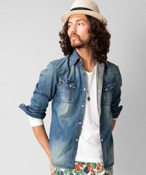 □nano・universe/ナノ・ユニバース 7分袖ヴィンテージ デニムシャツ/S☆新品