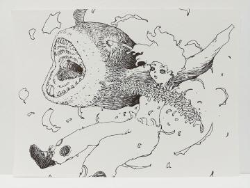 オリジナルイラスト 手描きイラスト 魚ーッ! 女の子 ハンドメイド インテリア 絵 モノクロ 白黒 原画 アナログ アート 自作