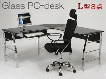 ガラスPCデスク L型  ハイクラスデスク ブラック