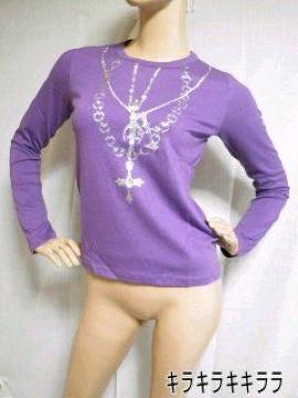 《New》ラインストーン付★クロスネックレス プリ*ロンTee<パープルM>