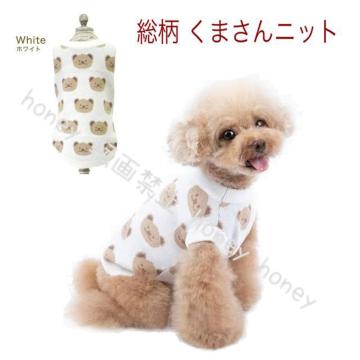 肉厚で暖か●定価3,498円●総柄 くまさんニット●白ホワイト アイボリー●ペット服 猫 犬