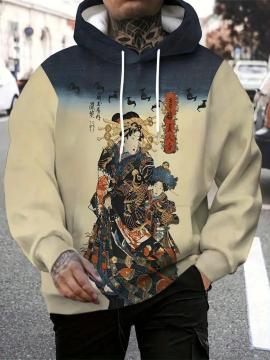 超お買い得1990円★メンズ古代東洋肖像プリントフード付きスウェットシャツ、長袖フーディー USAサイズM(日本サイズXL相当)