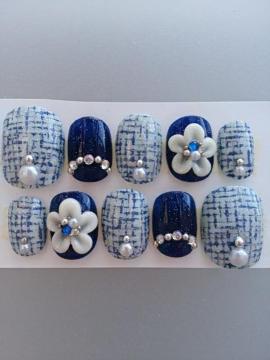 売り切り☆ブルー系 ツイードネイル お花 ショート 注意書きあり