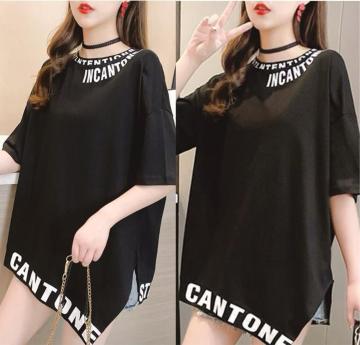 アシメロングtシャツ  ペイント英字ロゴ  裾不規則 ブラック 大きいサイズ