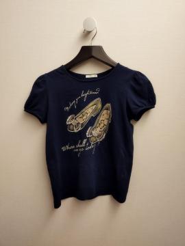 gu 紺 ネイビー リボンパンプス柄 パフスリーブ Tシャツ レディース XS