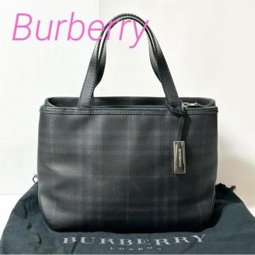 BURBERRY �o�[�o���[ �m�o�`�F�b�N PVC ���U�[ �n���h�o�b�O �g�[�g�o�b�O �l�C�r�[ �V���o�[���� �r�|��
