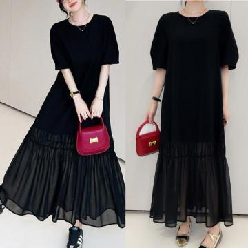 ロング丈 シースルー シフォン 切り替え フレアワンピース ブラック 大きいサイズ