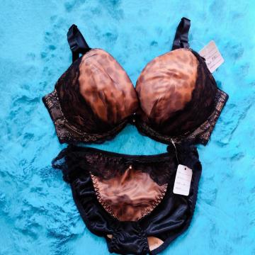 透け感がSexy。。F80×L。。。オーガンジーシフォン×レオパード柄ブラジャー&ショーツセット。。グラマー大きいサイズ豹柄